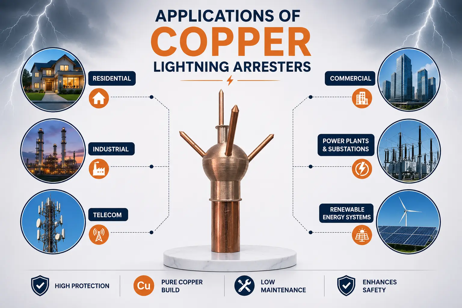 Applications of copper lightning arresters on industrial and commercial buildings